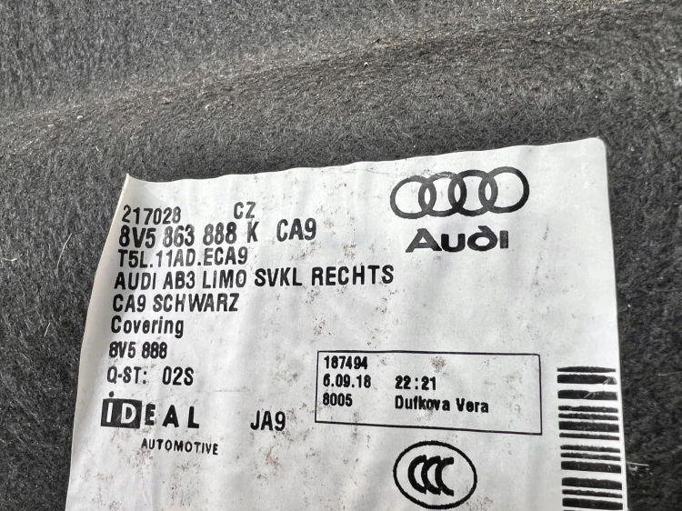 BOCZEK TAPICERKA BAGAŻNIKA PRAWY TYŁ AUDI A3 8V SEDAN 8V5863888K CA9